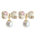 Cream Enamel Bow Stud Earrings Pink Heart Crystal Pearl view 5