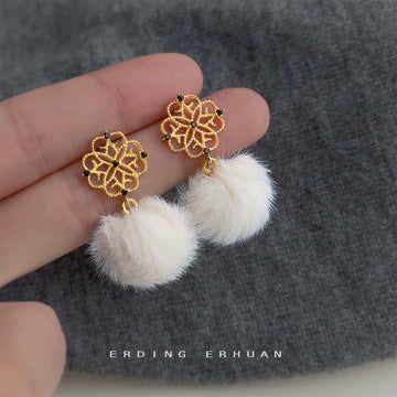 Gold Openwork Flower Black Zircon White Pom-Pom Drop Earrings