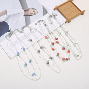 Layered Seed Bead Necklace With Fruit Charm Beads And Lobster Clasp