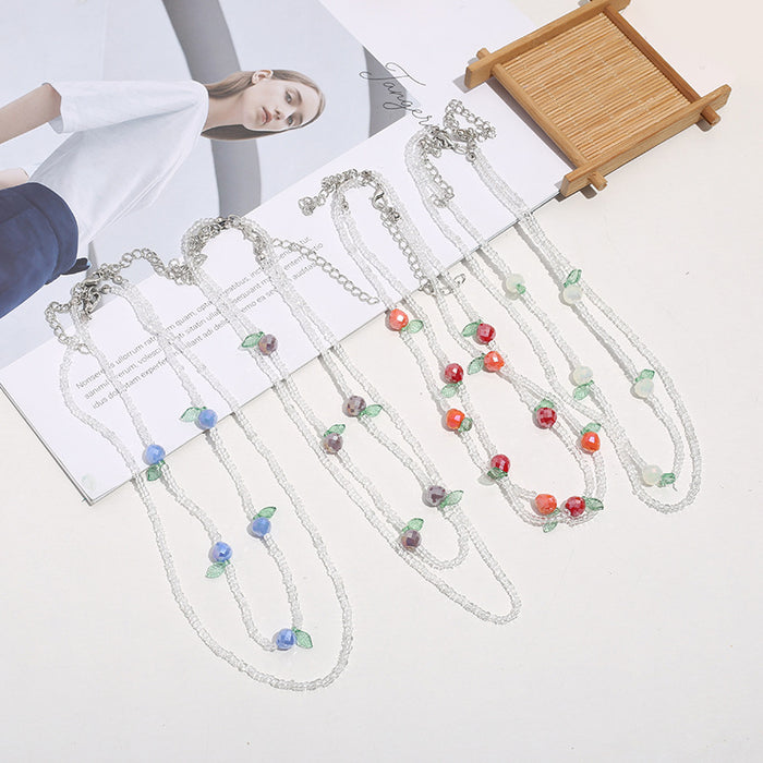 Layered Seed Bead Necklace With Fruit Charm Beads And Lobster Clasp