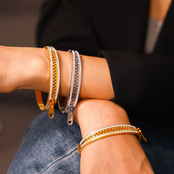 Zipper Design Rhinestone Cuff Bangles Gold and Steel Tone