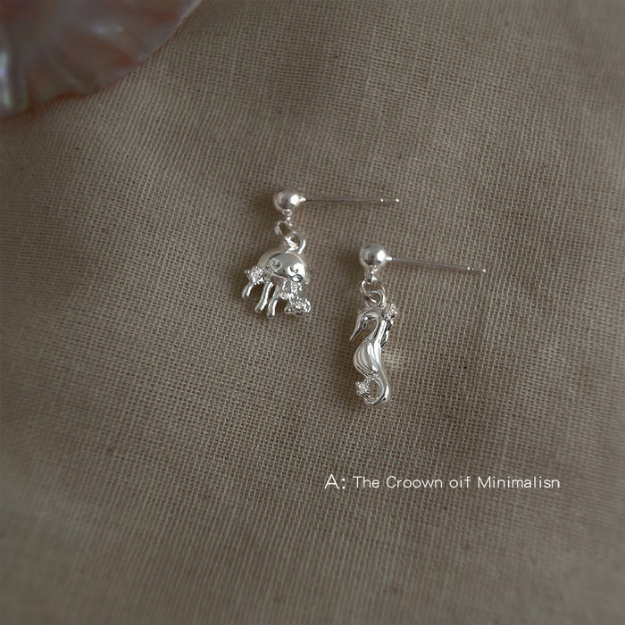 Silver Seahorse Jellyfish Asymmetric Mini Drop Stud Earrings