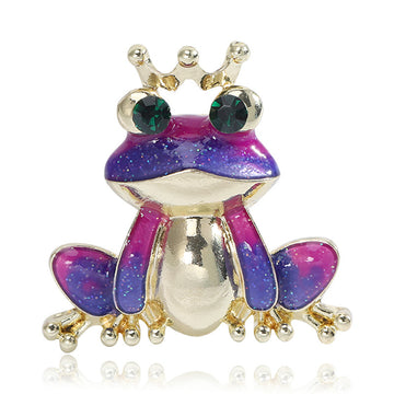 Crowned Frog Brooch in Metal with Bright Enamel, Crystal Eyes, and a Gold-tone Crown