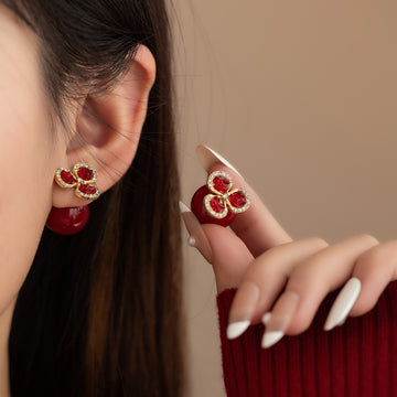 Red Ball Three Petal Crystal Look Jacket Stud Earrings