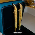 Gold Long Chain Tassel Earrings with Textured Bar Tops view 4