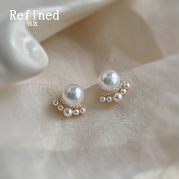Gold Pearl Crown Stud Earrings Pavé Arc Mini Pearls