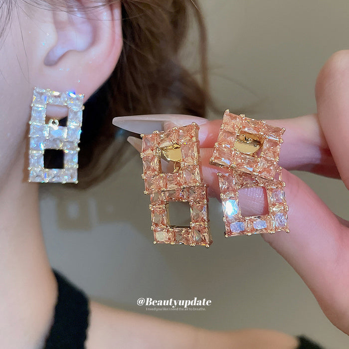 Crystal Open Rectangle Drop Earrings In Silver And Rose Gold