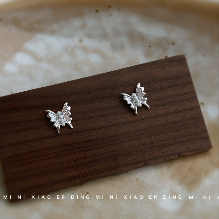 Silver Mini Butterfly Stud Earrings Triple Pearl Body