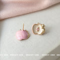 Gold Tone White Apple Cat And Pink Stone Stud Earrings For Women view 4