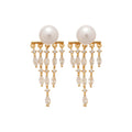 Pearl Stud Earrings With Gold Tone Beaded Fringe Drops view 5