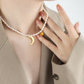 White Pearl Necklace Gold Crescent Moon Cube Charm Pendant view 3