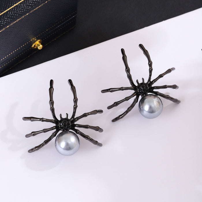 Black Spider and Silver Pearl Look Small Stud Earrings