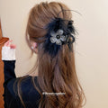 Black Feather Rhinestone Flower Small Shark Claw Hair Clip view 3