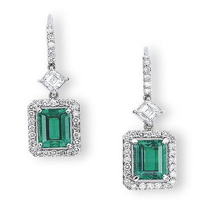 Silver-Tone Brass Emerald-Green Halo Leverback Drop Earrings