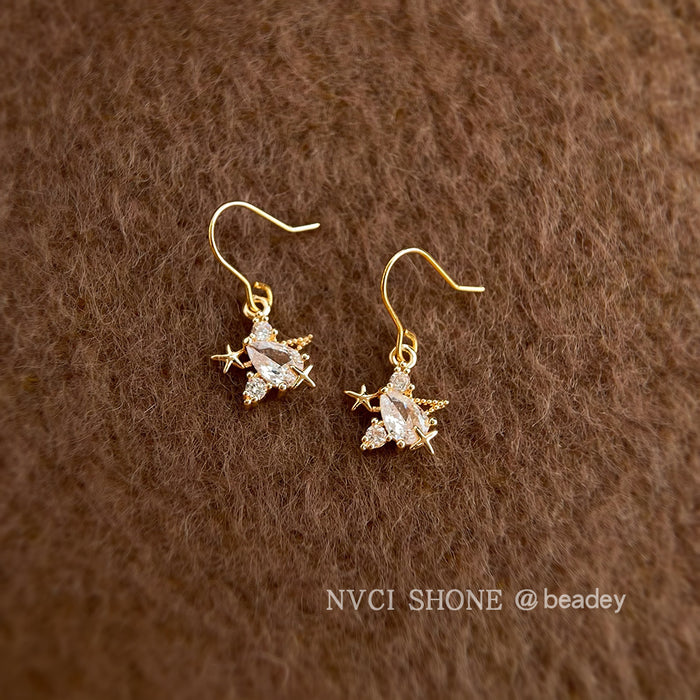 Gold Clear Crystal Starfish Mini Fish Hook Drop Earrings