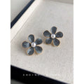 Dusty Blue Enamel Flower Pearl Center Stud Earrings view 4