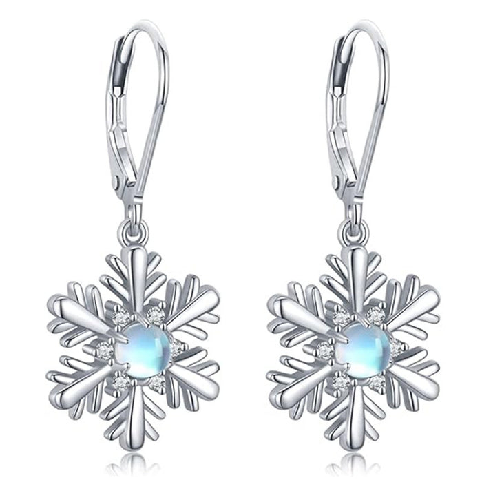 Silver Tone Snowflake Drop Earrings with Blue Stones