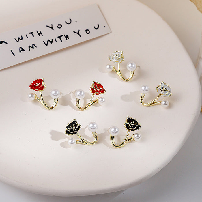 Black Rose and Pearl Look Branch Ear Jacket Stud Earrings