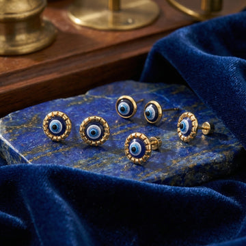 Three Blue Evil Eye Round Gold Tone Small Stud Earrings