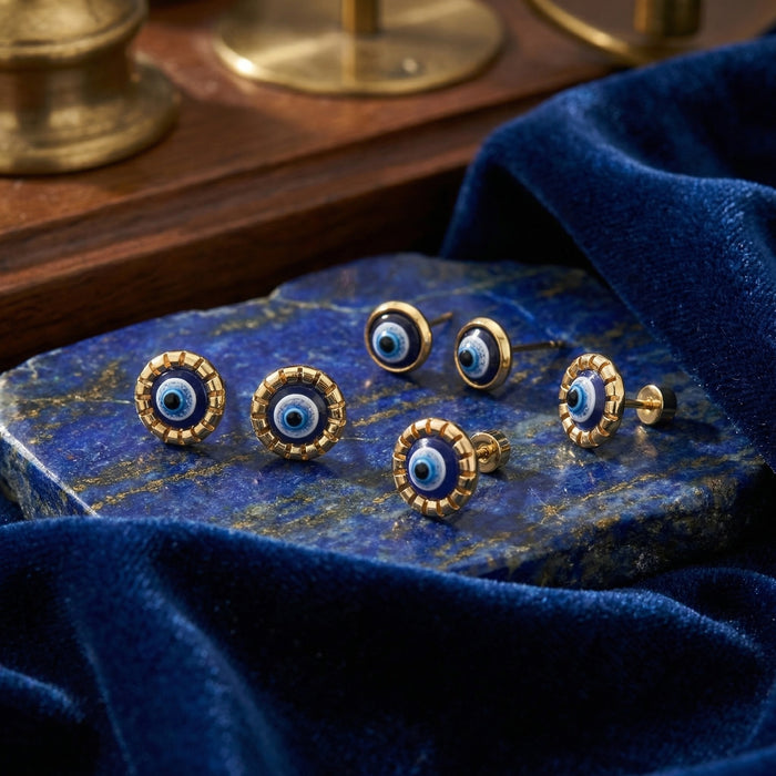 Three Blue Evil Eye Round Gold Tone Small Stud Earrings