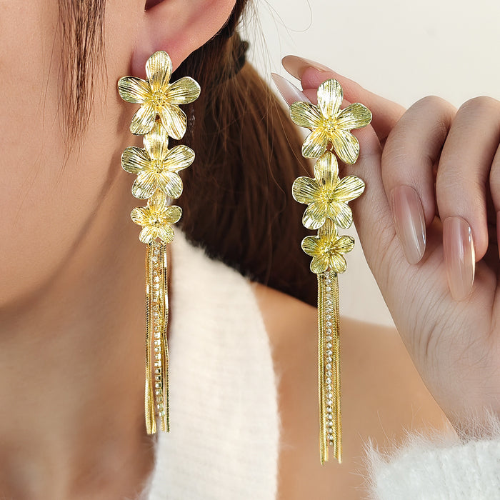 Crystal Look Flower Chain Fringe Long Stud Earrings