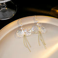 Clear Shell Leaf Tassel Earrings Blue Crystals Gold Chains view 4