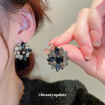 Gray and Black Crystal Floral Cluster Stud Earrings