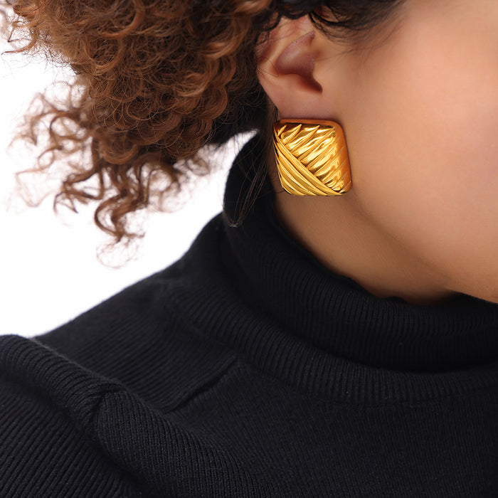 Gold Diagonal Stripe Square Stud Earrings Polished Metal