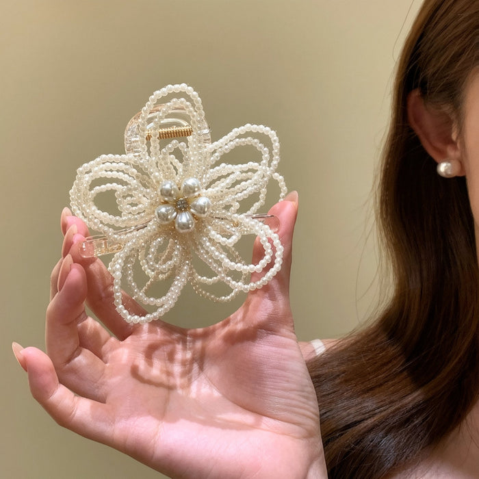 White Pearl Bead Flower Hair Claw Clip Clear Spring