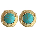 Gold Geometric Turquoise Round Stud Earrings Ribbed view 5