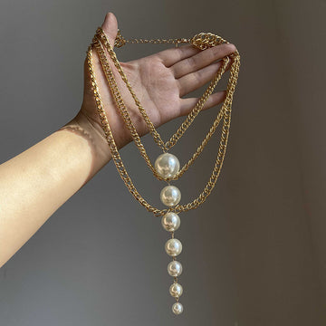 Layered Gold Tone Chain Necklace With Long Graduated Pearl Drop