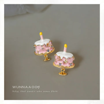 Gold Tone Pink Layered Birthday Cake And Candle Stud Earrings