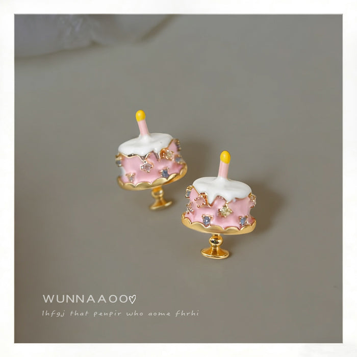 Gold Tone Pink Layered Birthday Cake And Candle Stud Earrings