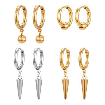 Ball and Spike Drop Huggie Hoop Earrings in Two Finishes