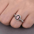 Deep Red Rectangular Halo Two-Ring Set In Silver Tone view 3