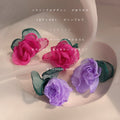 Sheer Mesh Organza Rose Flower Stud Earrings Green Leaf view 4