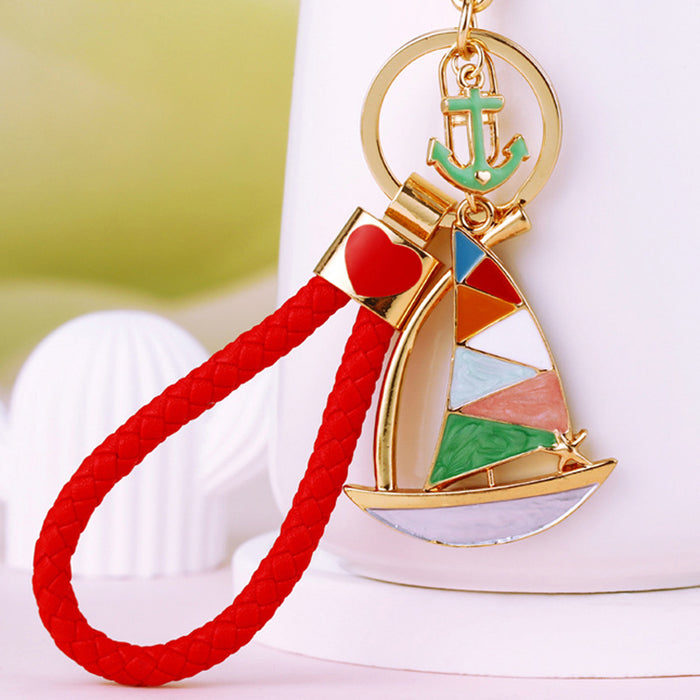 Enamel Sailboat Keychains with Gold Silver Braided Fortune and Wrist Loop Options