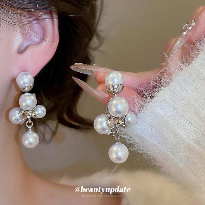 Clustered Pearl Drop Stud Earrings in Silver Tone Statement Jewelry