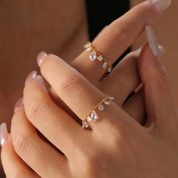 Pull-Through Crystal Tassel Ring Gold Steel Titanium Size 7