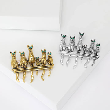 Six Cats On Fence Brooch Green Eyes Gold Silver Tone Pin
