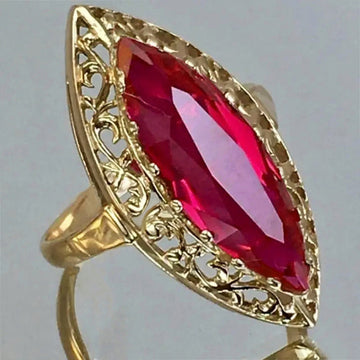 Gold Tone Marquise Red Stone Openwork Filigree Ring