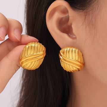 Multi-Line Geometric Oval Stud Earrings Gold Steel Titanium