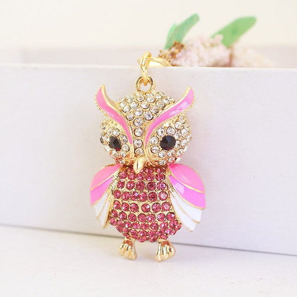 Colorful Painted Rhinestone Owl Keychain Zinc Alloy Bag and Car Charm