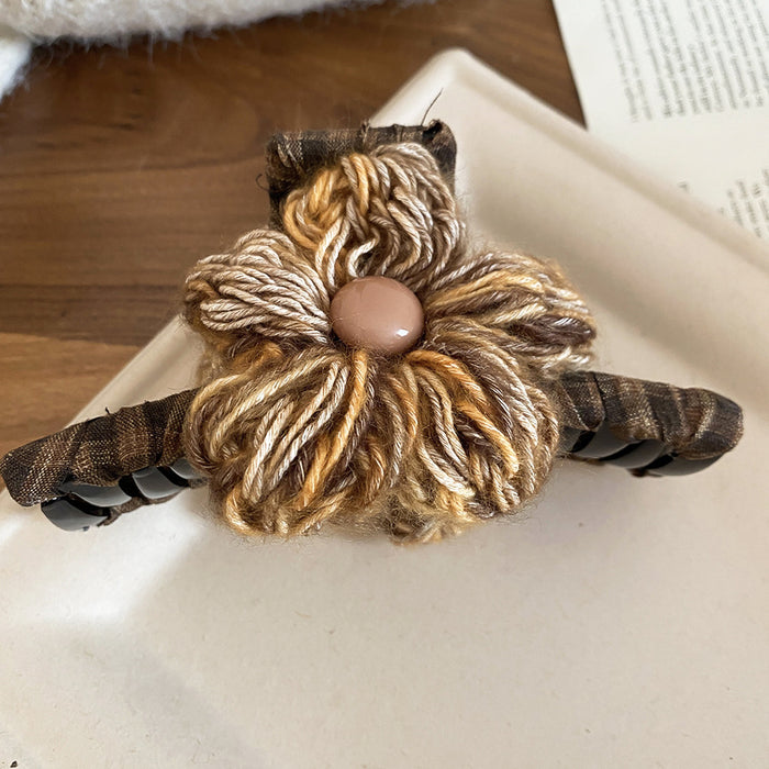 Coffee Yarn Flower Hair Claw Clip Fabric Wrapped Arms