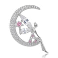 Fairy on Crescent Moon Brooch Pink Stones Gold Silver view 5