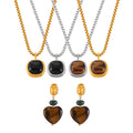 Gold Steel Cushion Stone Pendant Necklace Heart Drop Earrings view 5