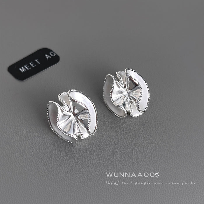 Silver Matte Folded Dimensional Flower Stud Earrings