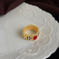 Gold Wide Band Ring Red Oval Cabochon Blue Enamel Flowers view 4