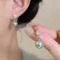 Silver Tone Crystal Stud and White Faux Pearl Drop Earrings view 2