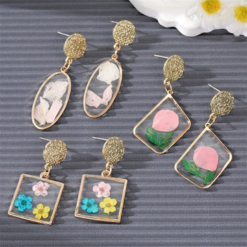 Three Design Gold Tone Geometric Resin Pressed Flower Drop Stud Earrings